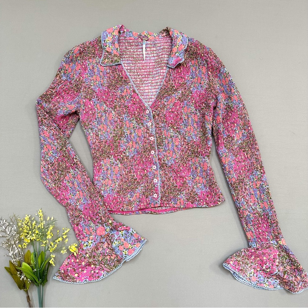 Free People Pink Floral Button-Up Top